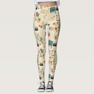Leggings Appareil Photo Vintage Radio Floral Sarcelle Orang
