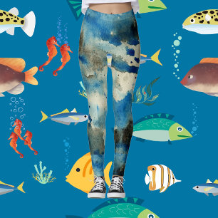 Leggings Aqua Blue Sea Art Abstrait Moderne Chic Aquarelle