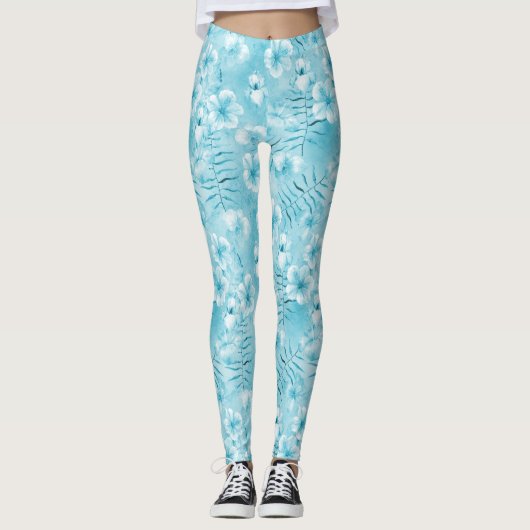 Leggings Aqua tropical Orchidées blanches Hibiscus Floral (Devant)