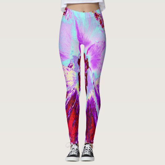 Leggings Aqua tropicale Abstraite et fleur d'Hibiscus pourp (Devant)