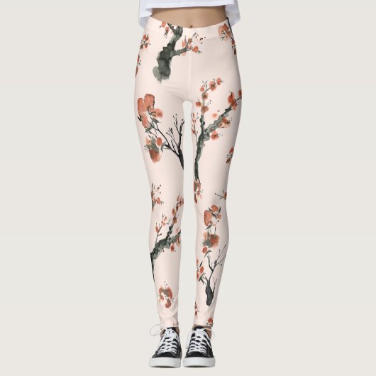 Leggings Aquarelle asiatique Floral Cherry Tree Motif (Devant)