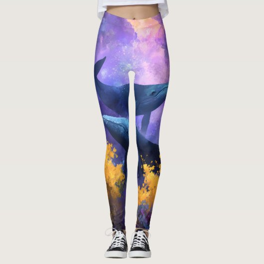 Leggings Aquarelle Baleines Jardin Océan Abstrait (Devant)