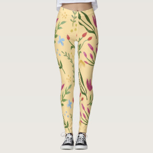 Leggings Aquarelle Beige Floral Rose Bleu Jaune