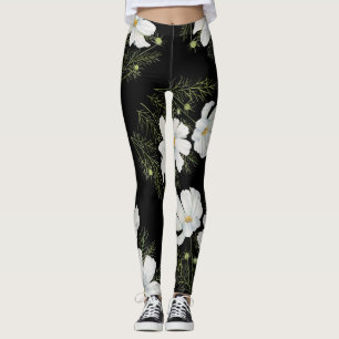 Leggings Aquarelle Blanc Cosmos Fleurs Peinture Botanique