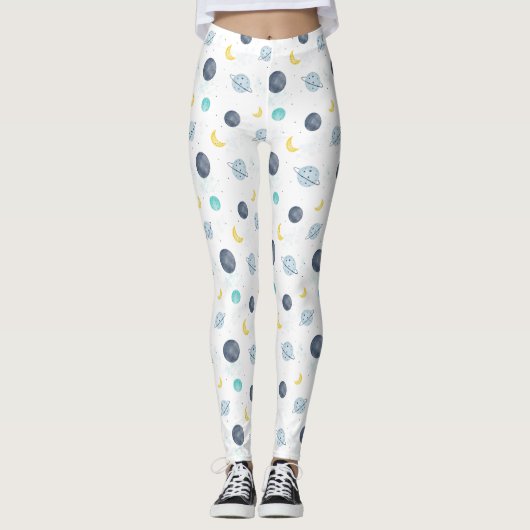 Leggings Aquarelle Blue Space Planet Motif (Devant)
