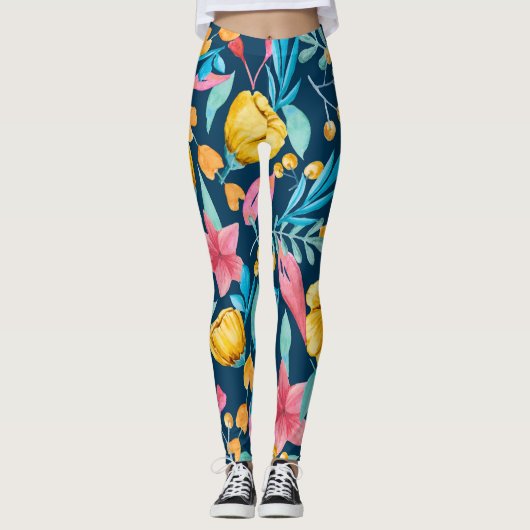 Leggings Aquarelle botanique : fleurs, ornement feuille. (Devant)
