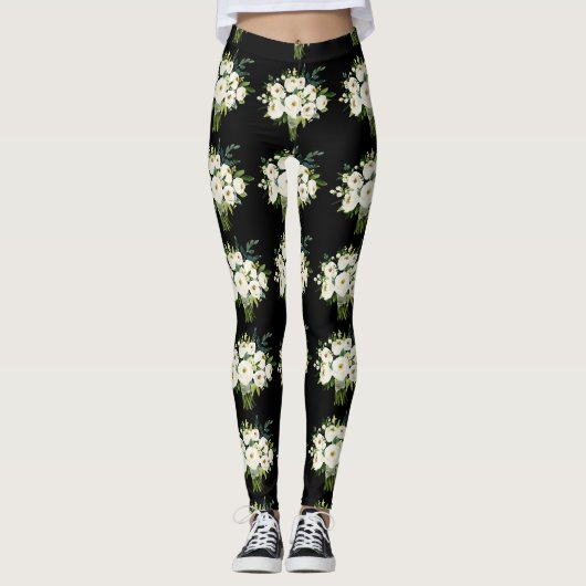 Leggings Aquarelle Bouquet Fleurs blanches Motif noir (Devant)