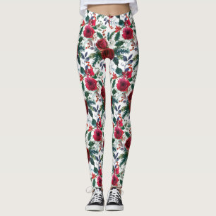 Leggings Aquarelle Bourgogne Fleurs d'hiver Noël