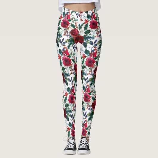 Leggings Aquarelle Bourgogne Fleurs d'hiver Noël (Devant)
