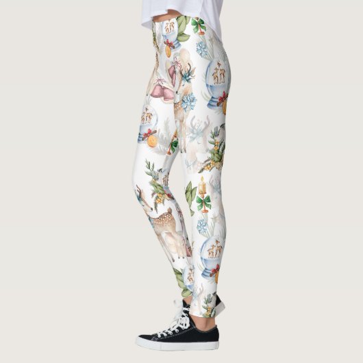Leggings Aquarelle Cerf de Noël et Oiseau d'hiver (Gauche)