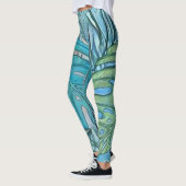 Leggings Aquarelle couleur bleu vert tropical feuille (Gauche)