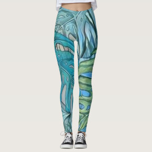 Leggings Aquarelle couleur bleu vert tropical feuille