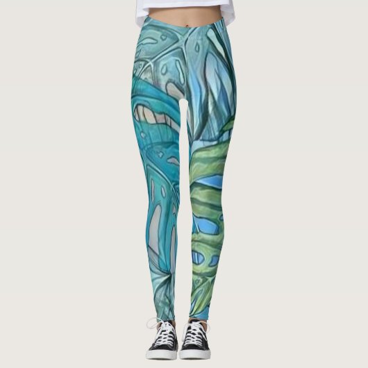 Leggings Aquarelle couleur bleu vert tropical feuille (Devant)