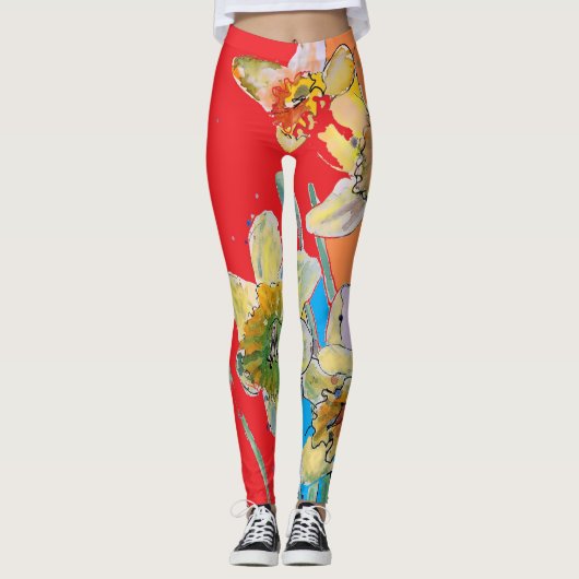 Leggings Aquarelle Daffodil Fleur Légendes florales rouges (Devant)