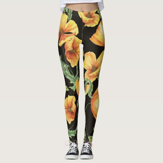 Leggings Aquarelle de coquelicot jaune motif floral (Devant)