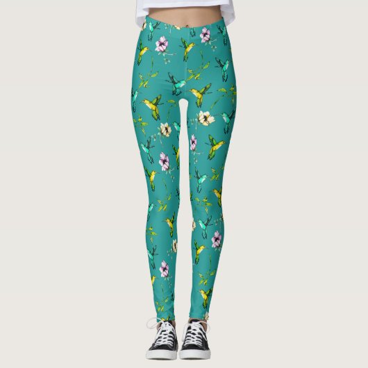 Leggings Aquarelle de jardin enchantée Colibris et fleurs (Devant)