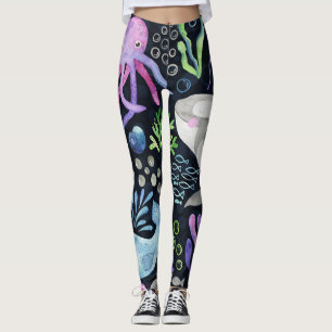 Leggings Aquarelle de la vie marine, arrière - plan foncé.