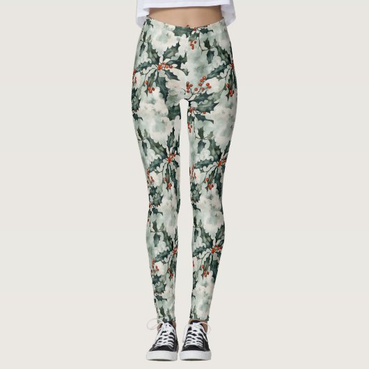 Leggings Aquarelle de Noël Fleurs Holly et baies (Devant)