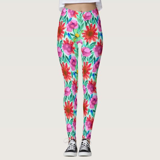Leggings Aquarelle Fleurs en Turquoise, rouge et rose (Devant)