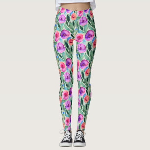Leggings Aquarelle Fleurs en violet, rose et vert