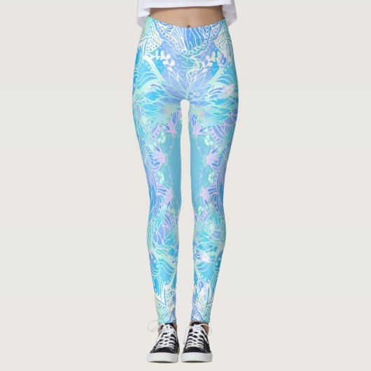 Leggings Aquarelle florale bleu turquoise dessinée à la mai (Devant)