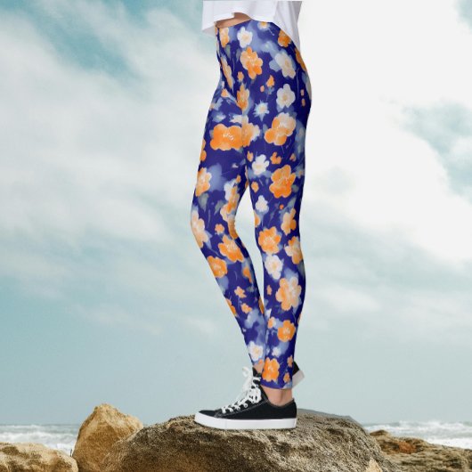 Leggings Aquarelle Florale Bleue Et Orange Moderne