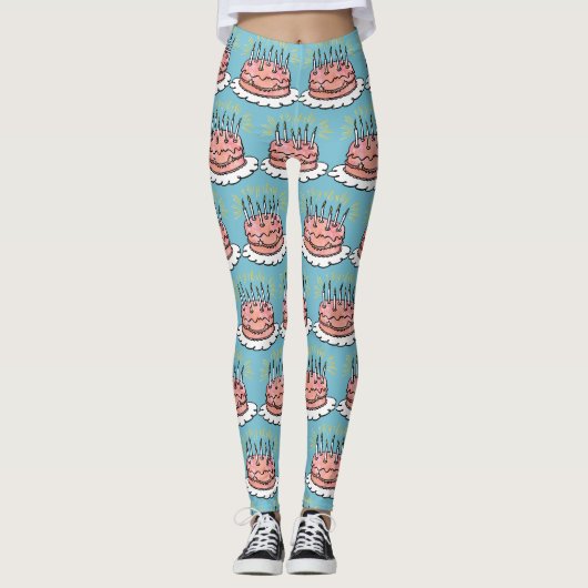 Leggings Aquarelle Joyeuse fête du gâteau rose anniversaire (Devant)