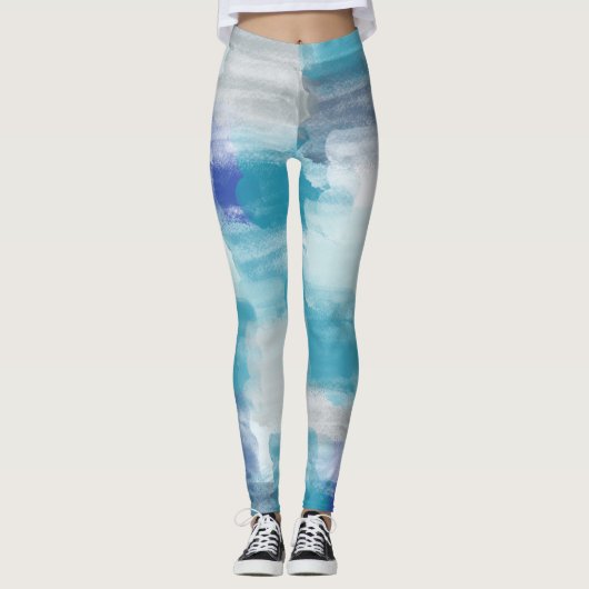 Leggings Aquarelle moderne turquoise et gris Art Abstrait (Devant)