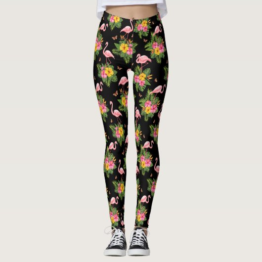Leggings Aquarelle noire rose tropicale Motif Flamingo (Devant)