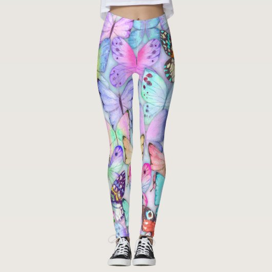 Leggings Aquarelle peinte à la main Papillons violet motif (Devant)