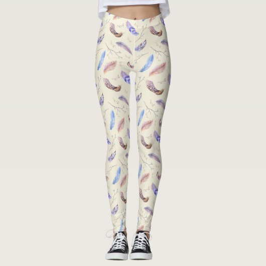 Leggings Aquarelle Plumes Feuilles et Branches Motif (Devant)