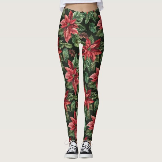 Leggings Aquarelle Poinsettia fleur Noël (Devant)