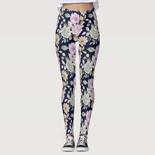 Leggings Aquarelle rose et menthe vert Roses Floral Boho (Devant)