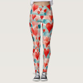 Leggings Aquarelle, rouge, rose, coeurs bleus, monogramme (Devant)