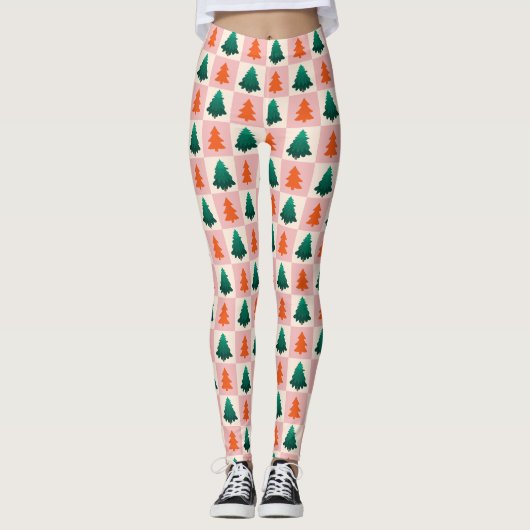 Leggings Aquarelle rouge vert Joyeux sapin de Noël motif (Devant)