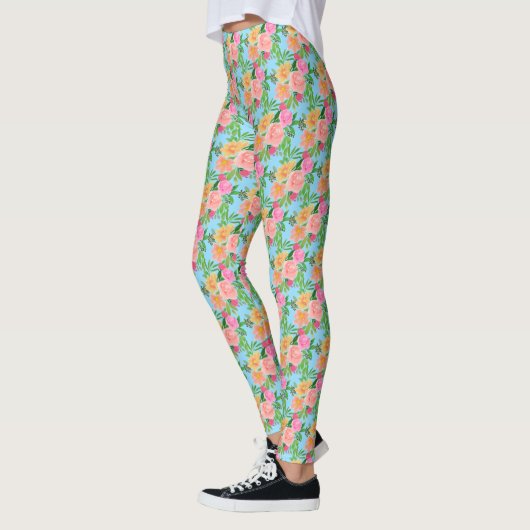 Leggings Aquarelle tendance Fleurs roses sur bleu clair (Gauche)