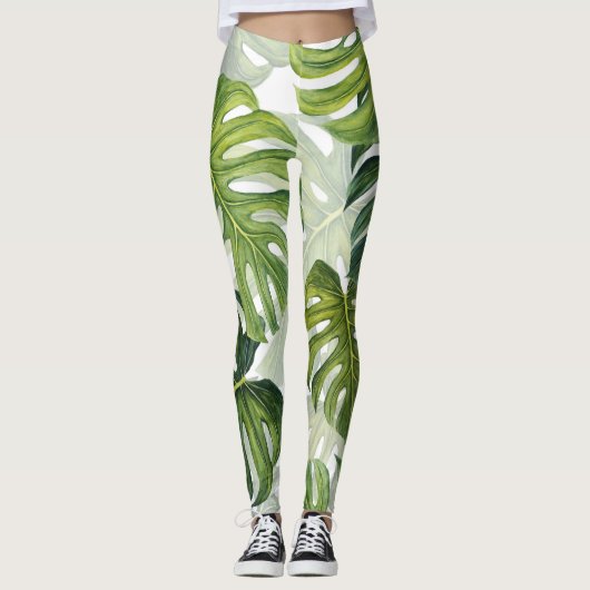Leggings Aquarelle tropicale de Monstera verte (Devant)