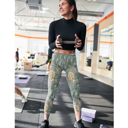 Leggings Aquarelle Tropicale Gold & Green Feuille Motif