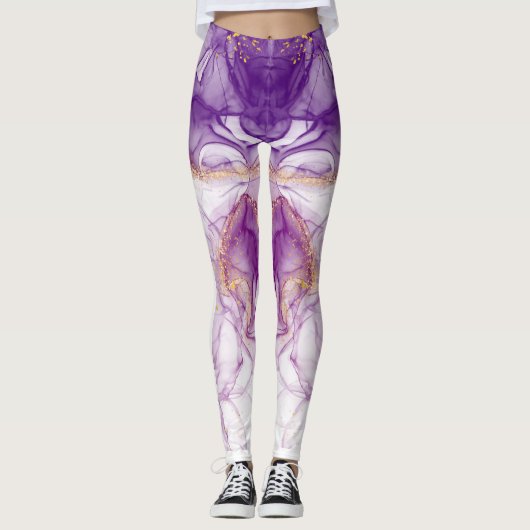 Leggings Aquarelle violet Arrière - plan avec des feuilles  (Devant)