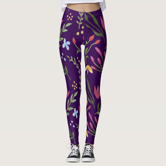 Leggings Aquarelle violette Floral noir rose bleu jaune (Devant)