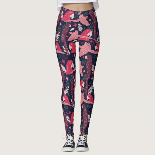 Leggings Ara Parrot rouge rose dessin Tropical Leave Motif (Devant)