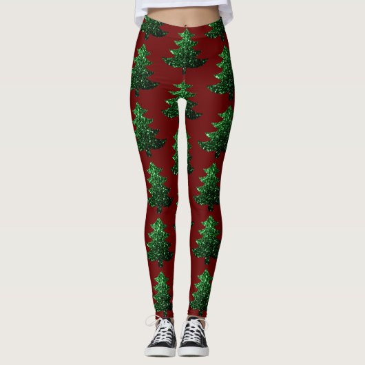 Leggings Arbre de Noël parsemé vert motif rouge foncé (Devant)