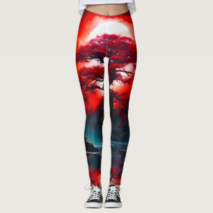 Leggings Arbre rouge mystique sous la pleine lune