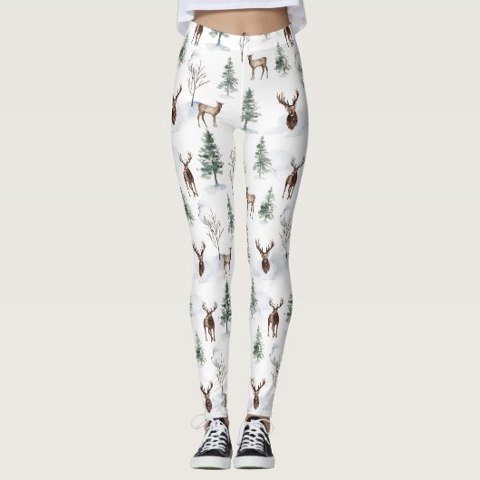 Leggings Arbres d'hiver et motif de cerfs de Noël (Devant)