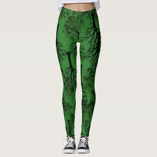 Leggings Arbres noirs sur vert foncé (Devant)