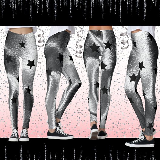 Leggings Argent moderne Shimmer Shadow Bold Black Stars