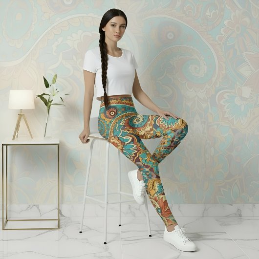 Leggings Aria Grace Vibrant Turquoise Mustard Paisley