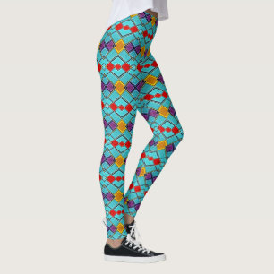 Leggings Arlequin bleu, rouge, ambre - droits géométriques