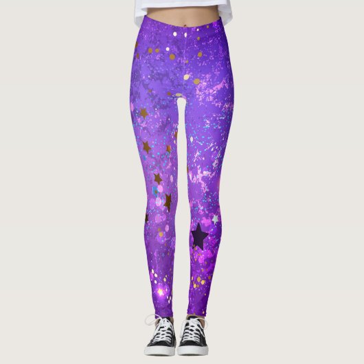 Leggings Arrière - plan de feuille violet avec étoiles (Devant)