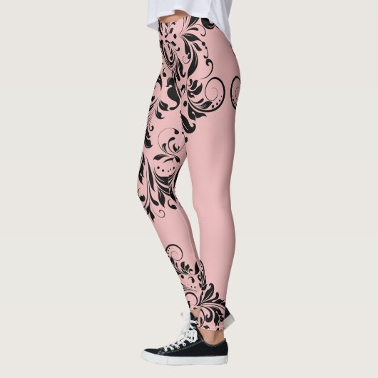 Leggings Arrière - plan noir floral dentelle rose (Gauche)